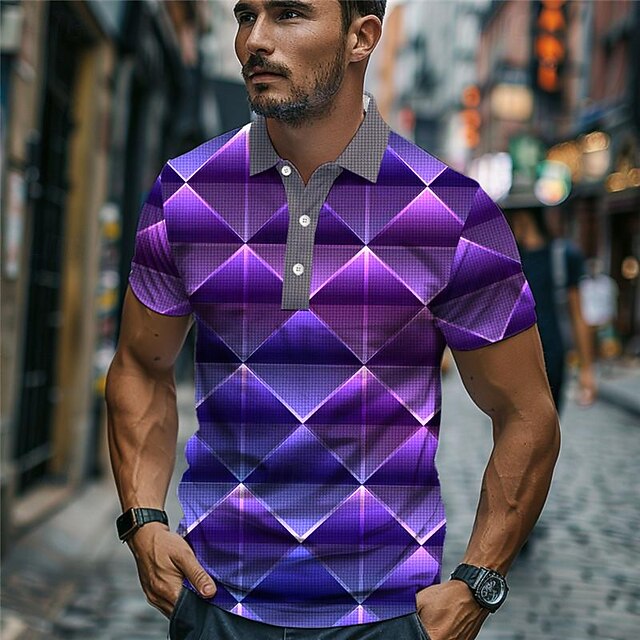 Men's Graphic Golf Shirt Short Sleeve Polo Shirts Collared Shirts Casual Beach Wear Vacation Wear Party Outfits Buttons 3D Print Summer Purple Green 6