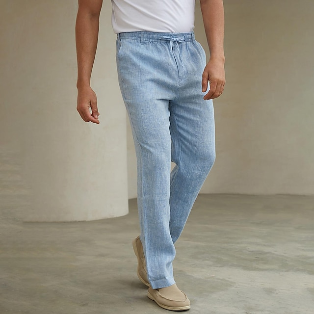  Calças masculinas 100% linho calças casuais com cordão cintura elástica reta azul marinho perna simples conforto respirável casual diário férias moda estilo clássico