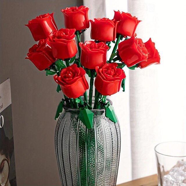  1 יחידת ורדים אבני בניין, צעצועי פרחים צבעוניים, זר קישוט, מתנה, הרכבה אבני בניין