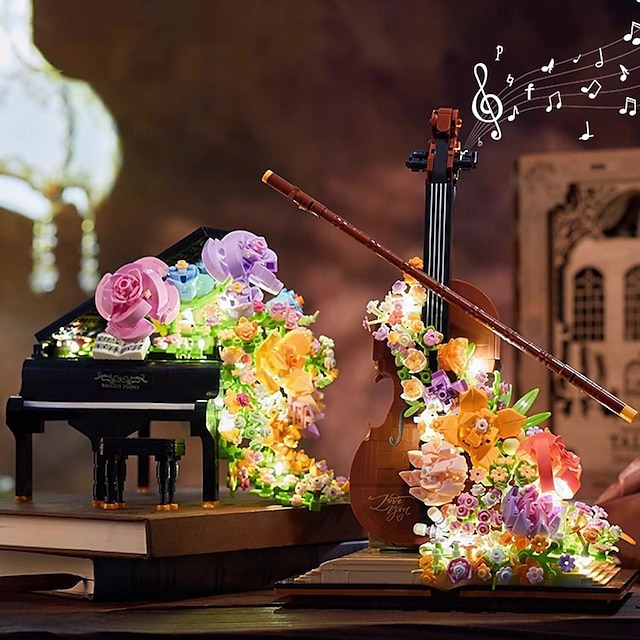  virágos hegedű mini építőkocka készlet felnőtteknek és mini építőkocka zongora virágkészlet, tökéletes otthoni dekorációhoz és ajándékozáshoz