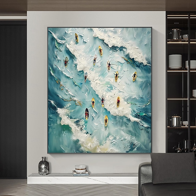  Peinture à l'huile de surf originale faite à la main sur toile, décor d'art mural, peinture de paysage océanique pour la décoration intérieure avec cadre étiré/sans peinture de cadre intérieur