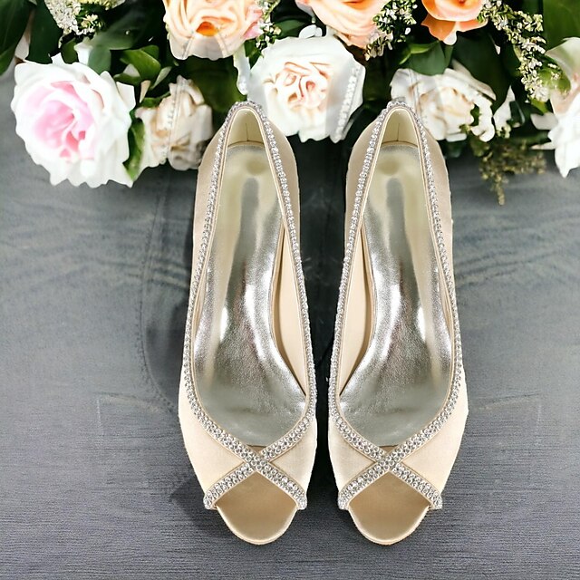 Women's Wedding Shoes Pumps Bridal Shoes Rhinestone Kitten Heel Peep ...