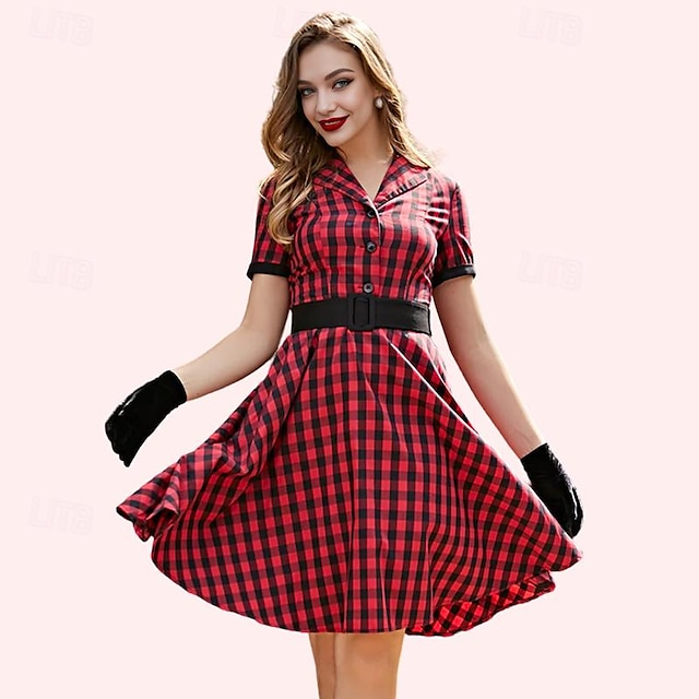  Retro Vintage 1950s Dress Swing Dress Flare Dress Women's Plaid Checkered Checkered Gingham Masquerade Homecoming Tea Party Casual Daily Dress