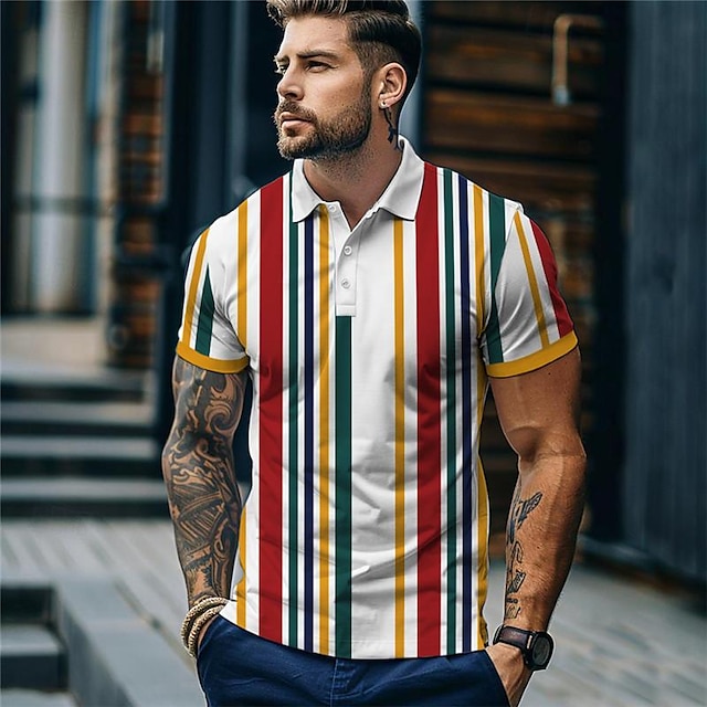  camisa polo masculina colorida férias x designer Kris com estampa listrada de manga curta e abertura de cama