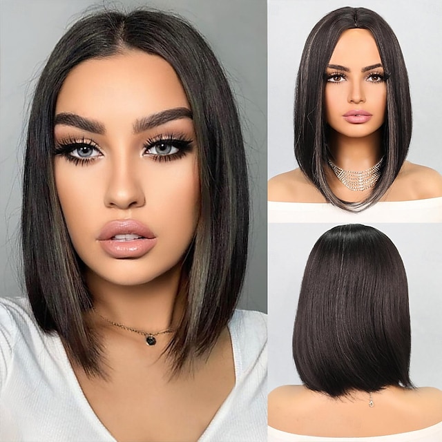  Synthetic Wig Straight Bob Middle Part Wig 12 inch Black / White Synthetic Hair Women's Multi-color Mixed Color