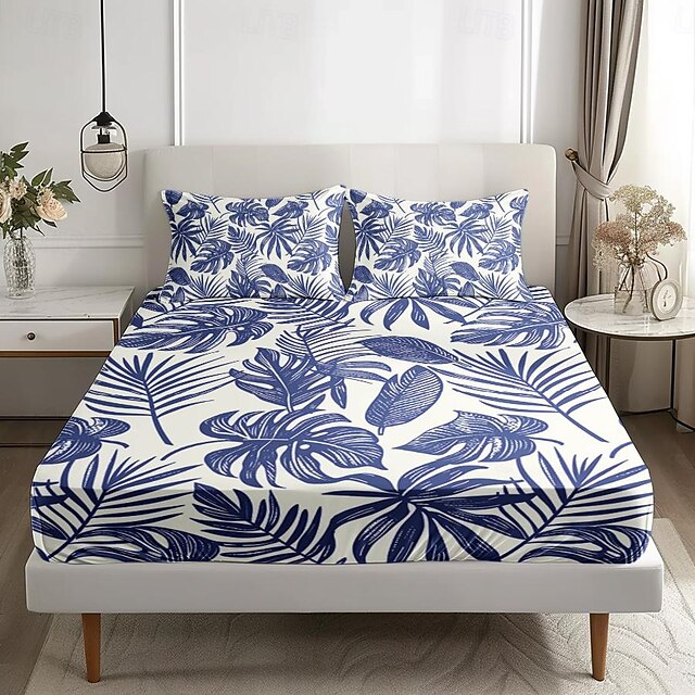  Leaves Spring Pattern Fitted Sheet Set 100% Cotton Ultra Soft Breathable Silky Bed Sheets Deep Pocket Bedding Sheets 3 Piece Queen King Size