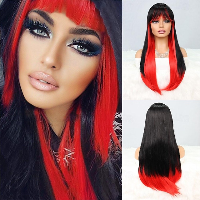  Perruque Synthétique Droite naturelle Coupe Droite Perruque 26 pouces Noir / Rouge Cheveux Synthétiques Femme Multicolore Couleur mixte
