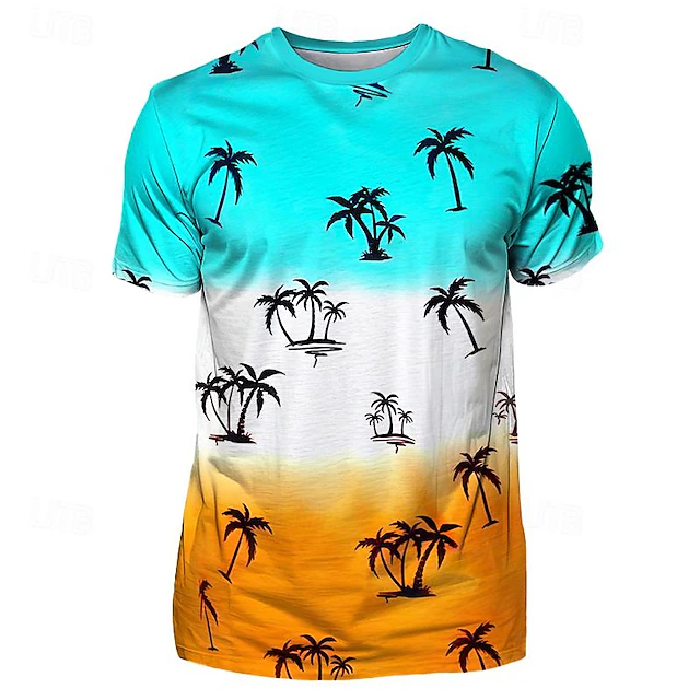 Men's Graphic Color Block Coconut Tree T Shirt Short Sleeve T shirt 3D Print Crew Neck Shirt Vacation Casual Sports Outdoor Holiday Going out Blue Sky Blue Red Spring & Summer Clothing Apparel S M L 12