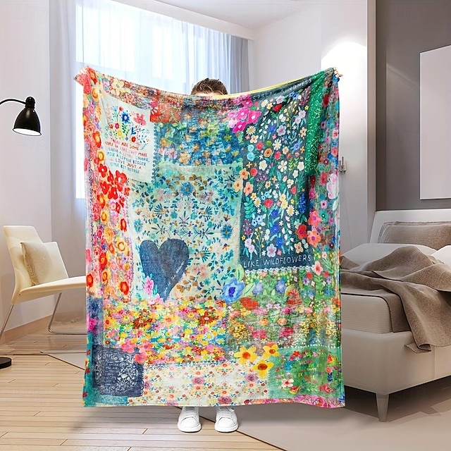  1 bucată pătură artistică cu cusături florale, caldă și confortabilă, potrivită pentru călătoriile în dormitor de camping