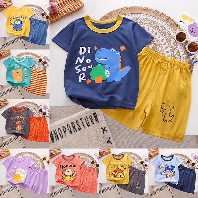  2 Dele Baby Drenge T-shirt & Shorts Outfit Grafisk Kortærmet Bomuld Sæt udendørs Mode Sommer Forår 1-3 år 25 lyserøde kaniner 21 mørkegrå egern 35 blå elefant