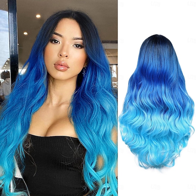  Long Blue Wavy Wigs for Women Ombre Blue Body Wave Mermaid Hair Wigs Long Curly Synthetic Hair for Daily or Cosplay