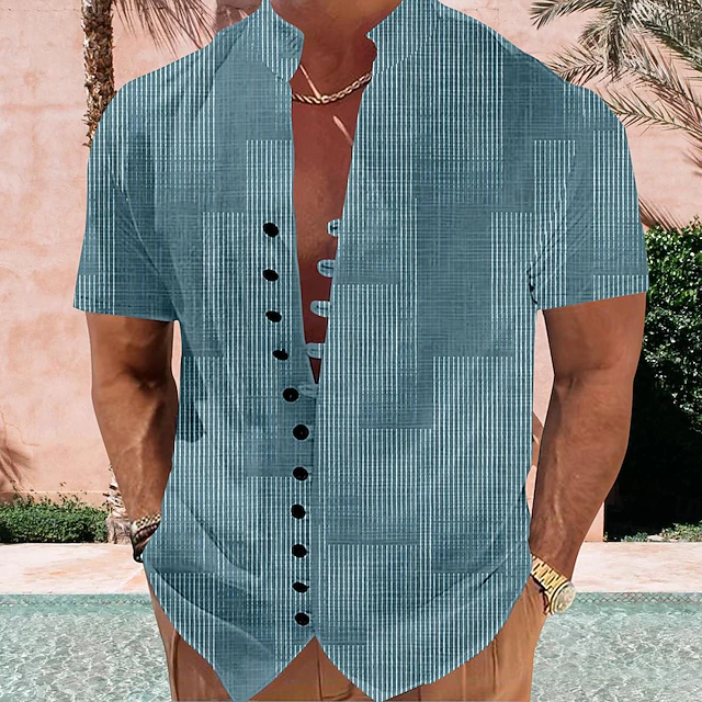 Men's Plaid Geometric Pattern Button Up Shirt Printed Shirts Short Sleeve Hawaiian Resort Vacation Holiday Daily Wear Summer Standing Collar Print Button-Down Light Blue White off-white Khaki 8