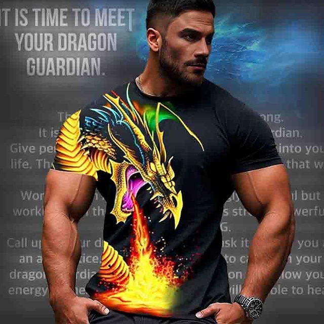  guardiano del drago x lu | maglietta da uomo a maniche corte con drago di fuoco, creatura mitica, stile streetwear scuro