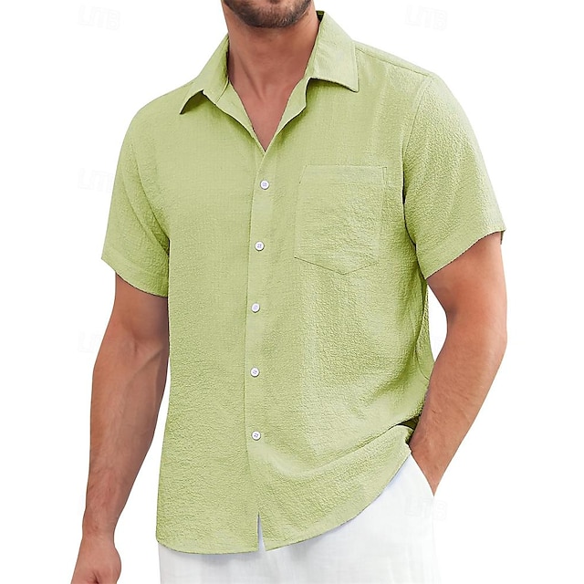  Men's Shirt Button Up Shirt Casual Shirt Summer Shirt White Yellow Blue Green Short Sleeve Plain Collar Daily Vacation Clothing Apparel Fashion Casual Comfortable