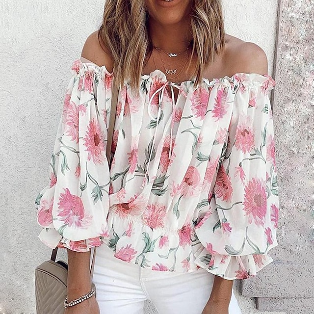 Women's Shirt Blouse Floral Fashion Long Sleeve Cold Shoulder Off Shoulder Regular Tops Casual Holiday Lace up Buttons Print White Pink Blue Beige Summer 7
