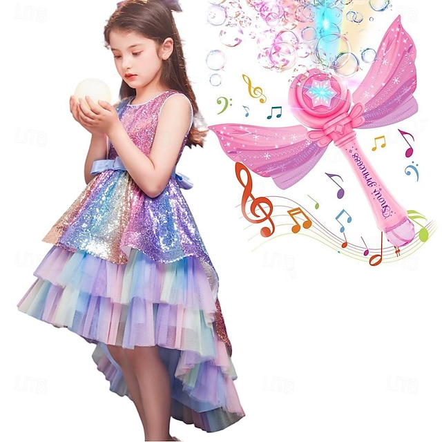  Kinder-Mädchenkleid mit elektrischer Seifenblasenmaschine, Kinder-Mädchenkleid, paillettenfarben, ärmellos, für Hochzeit, Party, Geburtstag, Patchwork-Schleife, Prinzessin, süßes Tüllkleid,