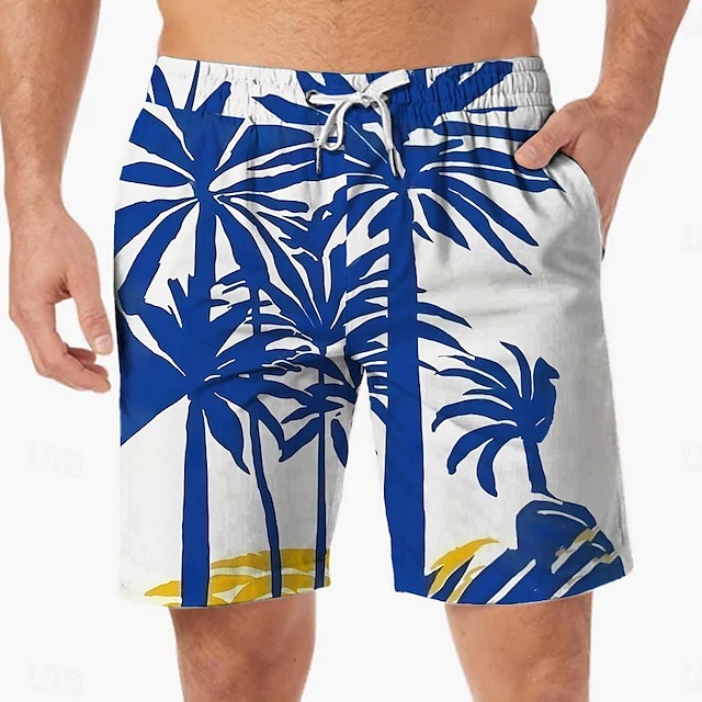  coconut tree printed herre board shorts badeshorts hawaiian shorts badebukser snor med mesh fôr elastisk midje ferie strand short