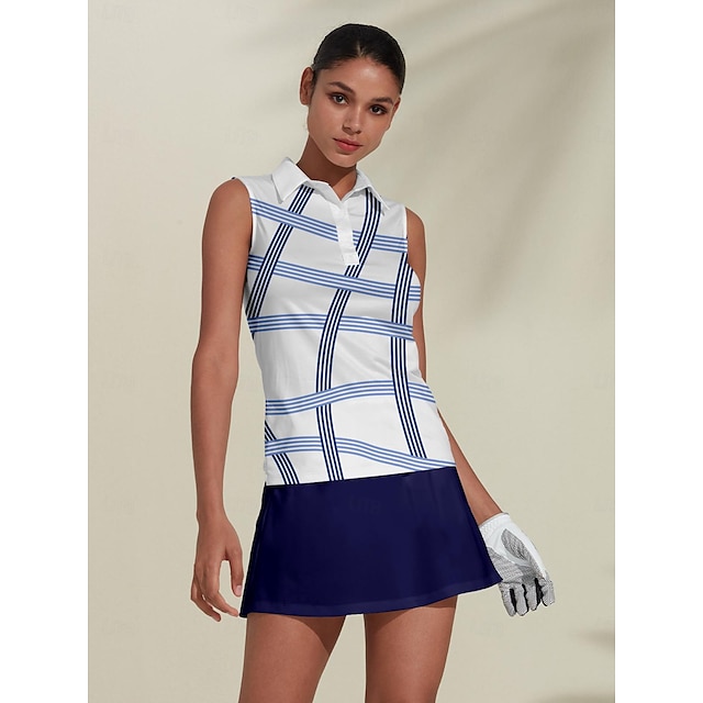  Women's Golf Polo Shirt Blue Sleeveless Top Stripe Ladies Golf Attire Clothes Outfits Wear Apparel