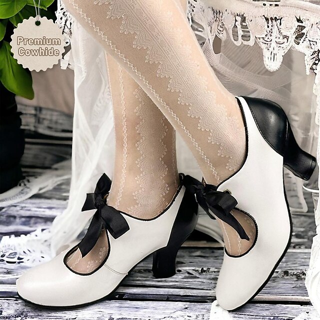  Mujer Tacones Escarpines Zapatos hechos a mano Zapatos antiguos Fiesta Exterior San Valentín Pajarita Tacón de gatito Dedo redondo Elegante Vintage Cuero Cordones Blanco