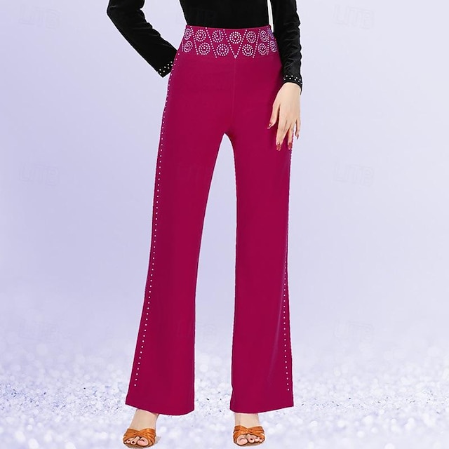  الرقص اللاتيني رقص الصالة بنطلونات لون نقي ربط كريستال / أحجار الراين نسائي أداء التدريب ارتفاع عال سباندكس