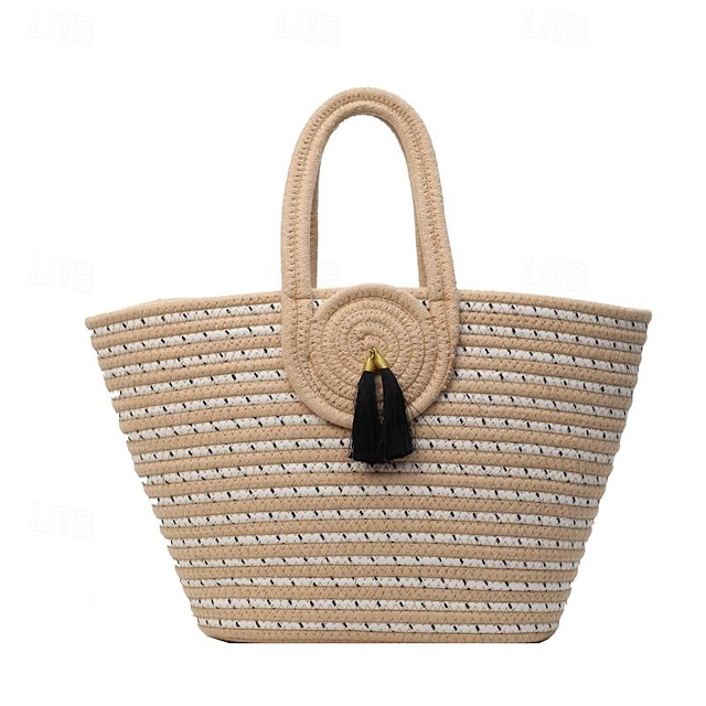  Damen Schultertasche Strandtasche Strohsack Stroh Täglich Quaste Hohe Kapazität Geometrisch Khaki