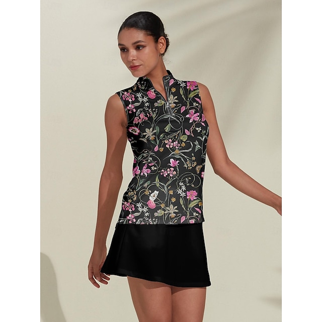  Women's Golf Polo Shirt Black Sleeveless Top Floral Ladies Golf Attire Clothes Outfits Wear Apparel