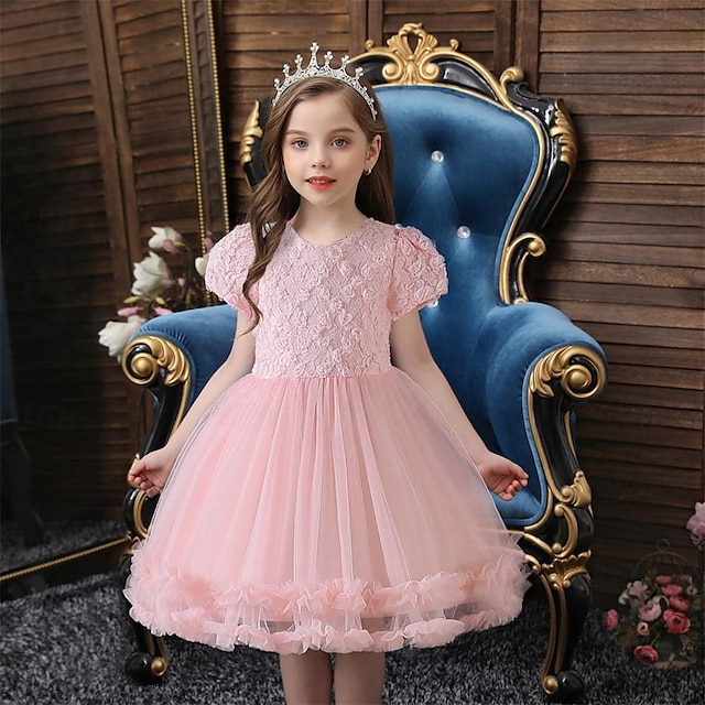  Kids Girls' Party Dress Solid Color Short Sleeve School Formal Performance Fashion Princess Cotton Flower Girl's Dress Summer Spring Fall 2-12 Years White Pink Blue