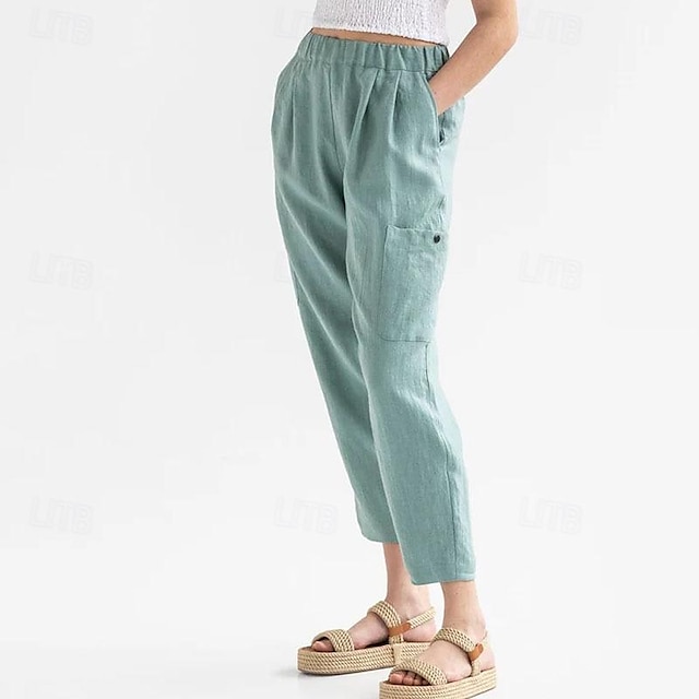  Damen Hosen Hose Leinen Baumwoll Mischung Knöchellänge Schwarz Frühling Sommer