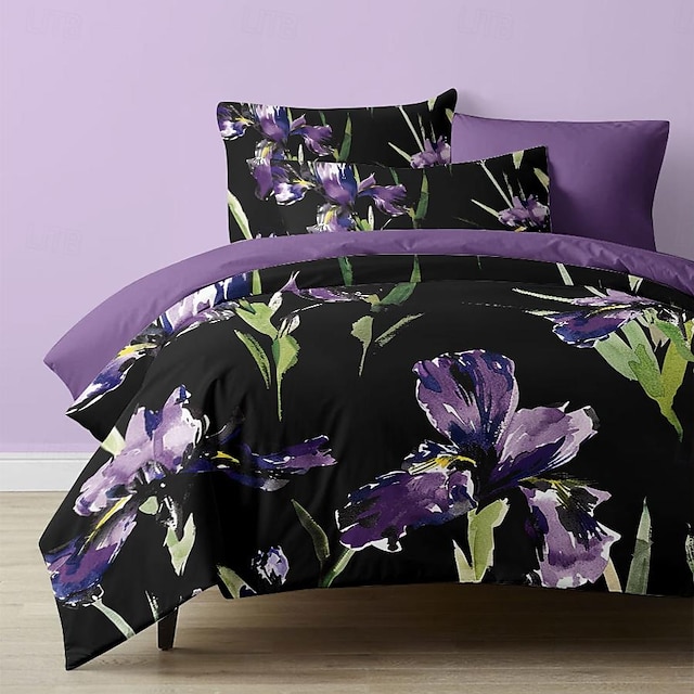  Purple Black Floral Series Duvet Cover 3-Piece Set Microfiber Bedding Set Perfect for Mother's Day Gift Super Soft Skin Friendly Long Lasting