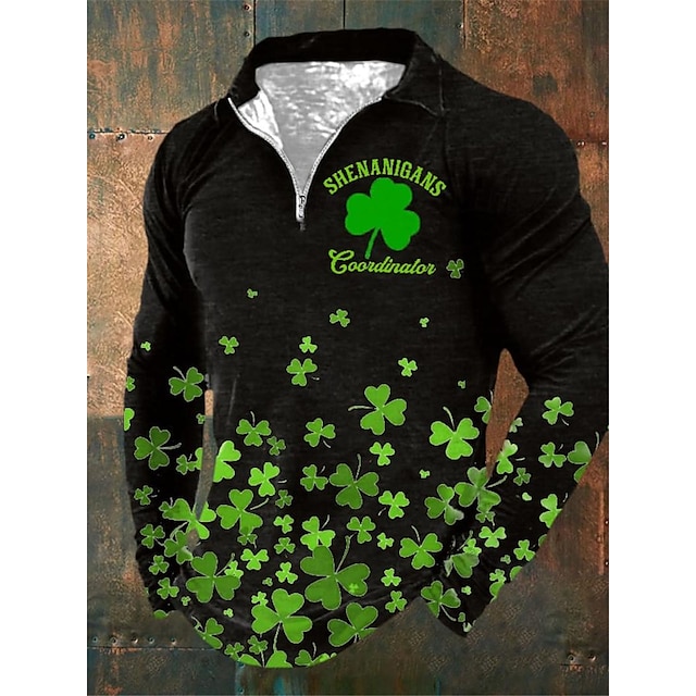  Polo zippé pour hommes de la Saint-Patrick, chemise de golf, jour de la Saint-Patrick st. Patrick's day trèfle couverture noir blanc vert extérieur rue fermeture éclair manches longues imprimé