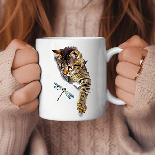  3D print kittens gat in een muur mok, keramische koffie kat mok 3D nieuwigheid kat mokken kattenliefhebbers koffiemok kat club cup witte keramische mok cadeaus voor mannen vrouwen