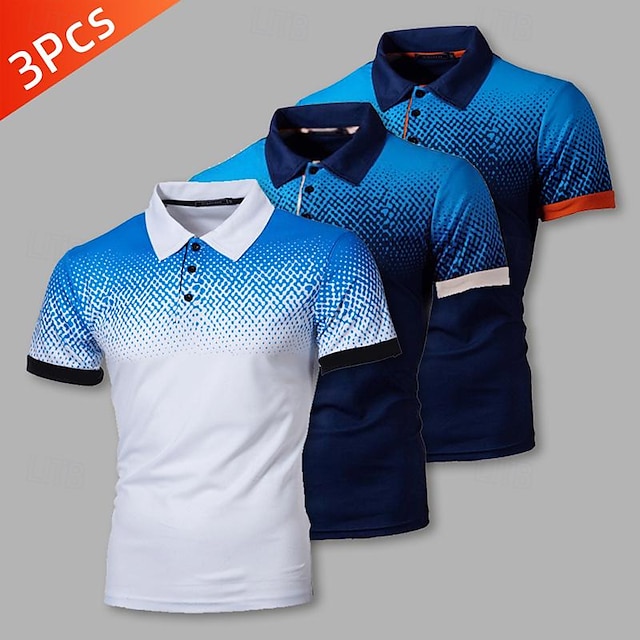  Multi Packs 3pcs Men's Lapel Short Sleeves Navy Blue+White+Blue Polo Button Up Polos Golf Shirt Gradual Daily Wear Vacation Polyester Spring & Summer