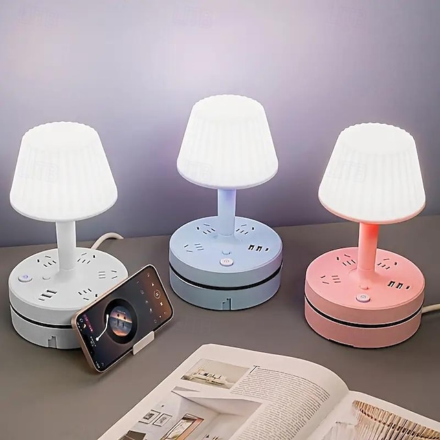  Portalámparas de escritorio, lámpara de escritorio LED, luz de noche junto a la cama con enchufe que se puede utilizar en múltiples funciones. 3 tipos de luces ajustables. 3 * enchufe 2 * interfaz usb