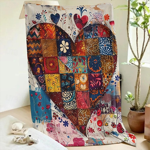  manta de flanela com padrão de coração em patchwork, cobertores quentes para todas as estações, presentes, cobertor grande