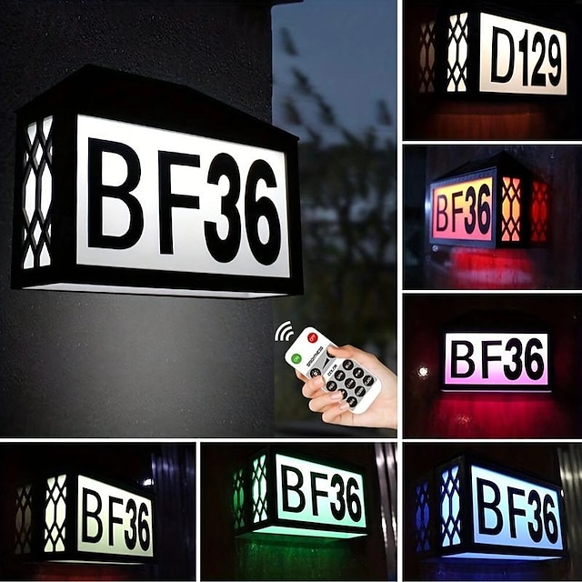  LED-Hausnummer, beleuchtete Außenwandleuchte mit Fernbedienung und Aufkleber, RGB-Hausnummer aus ABS, Würfelnummer, Straßenname für Garten, Garage, Terrassentür