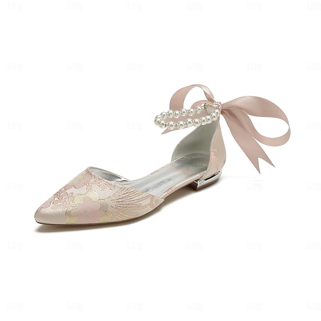  Per donna scarpe da sposa Scarpe da sera Matrimonio Feste Ricamato Fiocco Perle di imitazione Piatto Appuntite Sensuale minimalismo Raso Tessuto Con lacci intrecciali Argento Rosa