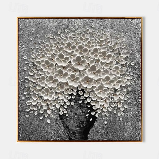  لوحة زيتية حديثة ثلاثية الأبعاد مرسومة يدويًا على شكل زهرة من القماش باللون الأسود والأبيض لوحة زيتية مزهرة للديكور المنزلي