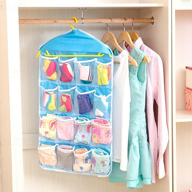  Závěsný organizér na oblečení, ponožky a spodní prádlo s 16 kapsami - řešení pro uložení drobností v šatní skříni, kapsa na zavěšení na stěnu a dveře pro třídění a úklid