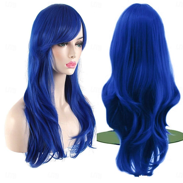  Moda perucas longo ondulado cabelo encaracolado cosplay peruca boné azul 28 