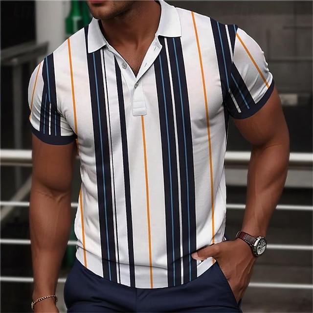  Stripe Men's Business Casual 3D Print Polo Shirt Wear to work Daily Wear Streetwear Milk Fiber Short Sleeve Turndown Polo Shirts Blue Green Summer S M L Micro-elastic Lapel Polo
