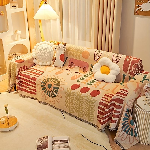  Couverture de canapé boho à motif de chat mignon, 1 pièce, avec pompon, anti-poussière, housse de chaise, pour chambre à coucher, bureau, salon, décor