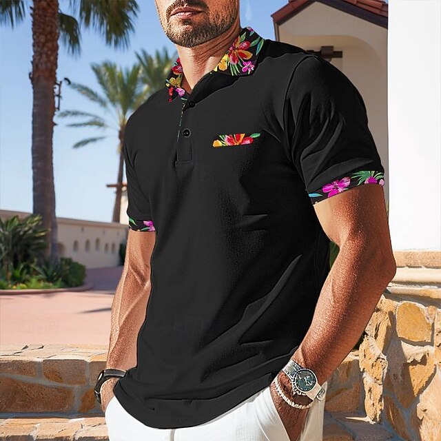 Men's Polo Shirt Golf Shirt Work Casual Lapel Ribbed Polo Collar Short Sleeve Basic Modern Floral Color Block Patchwork Button Spring & Summer Regular Fit Black White Orange Green Polo Shirt 8