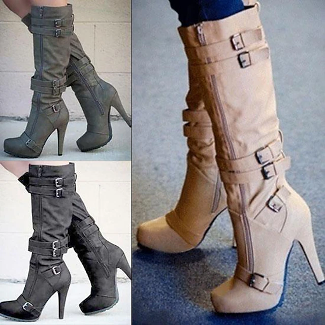 Women's High Heel Knee-High Boots – Stylish Beige Buckle Strap Boots with Stiletto Heel for Fall & Winter Fashion 6