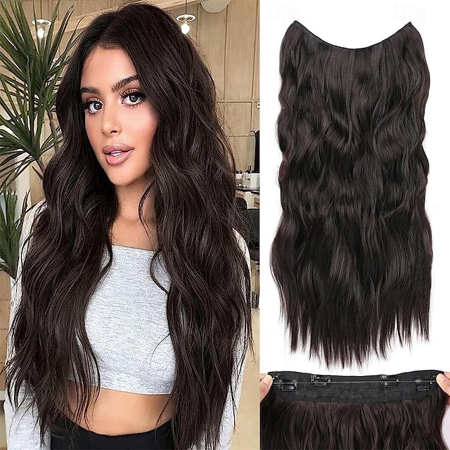 Halo Hair Extensions 20 Inch Invisible Wire Long Wavy Dark Brown Hair Extensions for Women Adjustable Size Hairpiece 4 Clips in Hair Extension