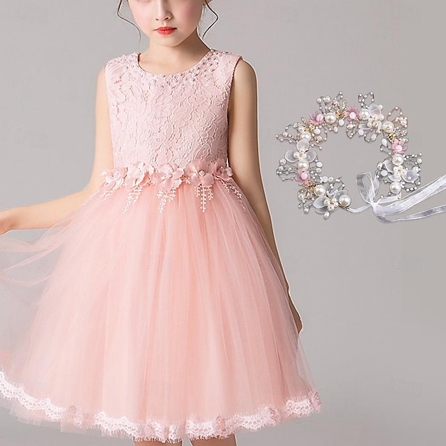  детское платье для девочек, однотонное, с цветочным принтом, без рукавов, вечернее, повседневное, кружевное, многослойное, милое, милое, в сеточку, кружевное, из тюля, розовое платье принцессы для