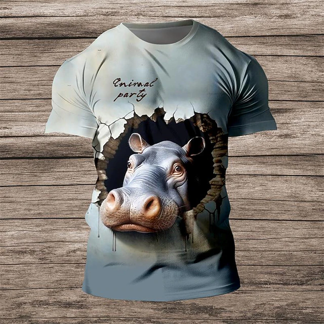 Men's Graphic Hippopotamus T Shirt Tee Top Short Sleeve T shirt 3D Print Crew Neck Shirt Daily Designer Casual Sports Outdoor Holiday Going out Blue Spring & Summer Clothing Apparel S M L XL 2XL 3XL 6