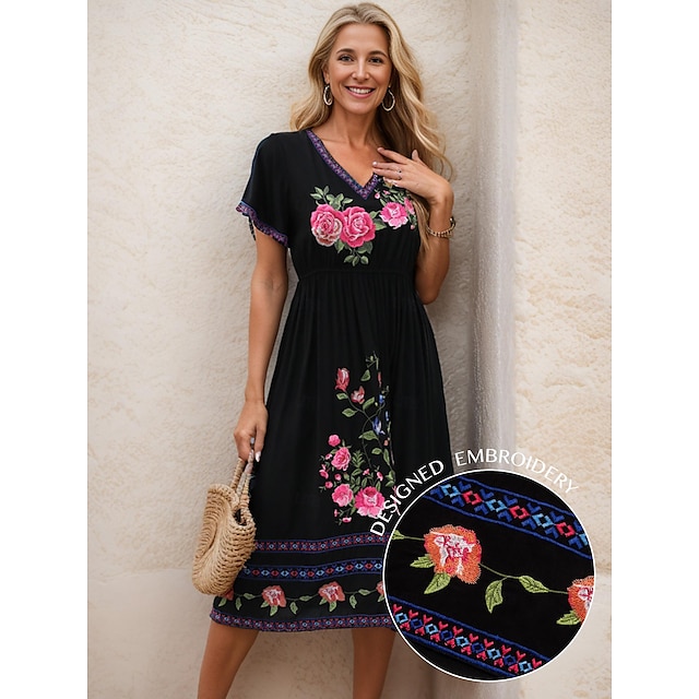  Women's Black Dress Casual Dress Mexican Floral Print V Neck Split Hem Maxi Dress Date Vacation Long Sleeve Summer Spring