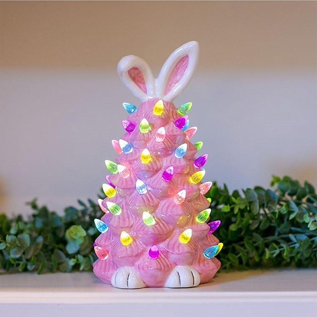  Árbol de conejito rosa con luces multicolores, decoración de Pascua de cerámica, ilumina la mesa, árbol de conejo, regalos de Pascua, decoración de la mesa de la habitación del hogar
