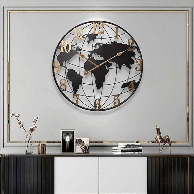  Grande horloge murale carte du monde moderne muette simple ronde en fer design salon couloir décoration horloge électronique 60 80 cm