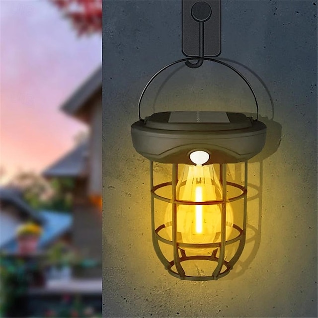  Solar Retro Tungsten Wire Portable Lamp Outdoor Solar Small House Light Induction Tungsten Wire Warm Light Wall Lamp for Courtyard Villa Garden Waterproof House Wall Lamp Camping Lighting  1PC